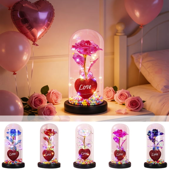 Romantic Gifts for Him Valentines Day Rose Heart Shaped Night Light Birthday Gift Starrys Skys Glass Rose Preserved Crystal Flower Glowing Rose Inside Glass Dome Heartshaped Nigh