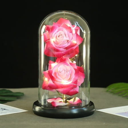 Romantic Glass Rose Dome with Wood Base, Artificial Flower Display Dome for Wedding Centerpiece, Valentine's Day Gift, Home Decor, Glass Cloche with LED Lights, 4.33x8.46 Inch