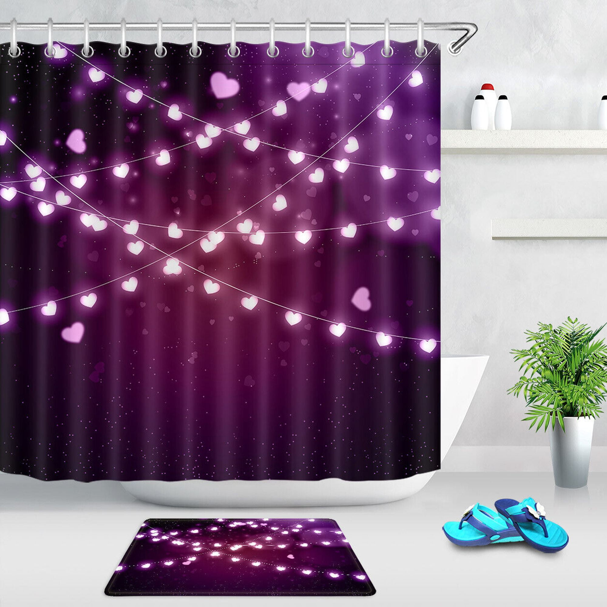 Romantic Glow Valentine's Day Purple Heart Lights Shower Curtain Set for Stunning Bathroom
