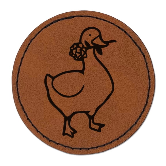 Romantic Goose with Flower 2.5" Faux Leather Round Engraved Iron-On Patch - Brown