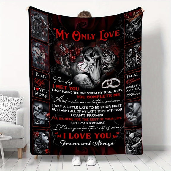 Romantic Gothic Blanket Ultra-Soft Gothic Skull Couple Flannel Blanket "to My Lover" Envelope Design with Romantic Quotes