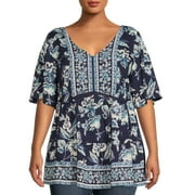 ROMANTIC GYPSY Women’s Plus Size Lace Inset Top with Elbow-Length Sleeves