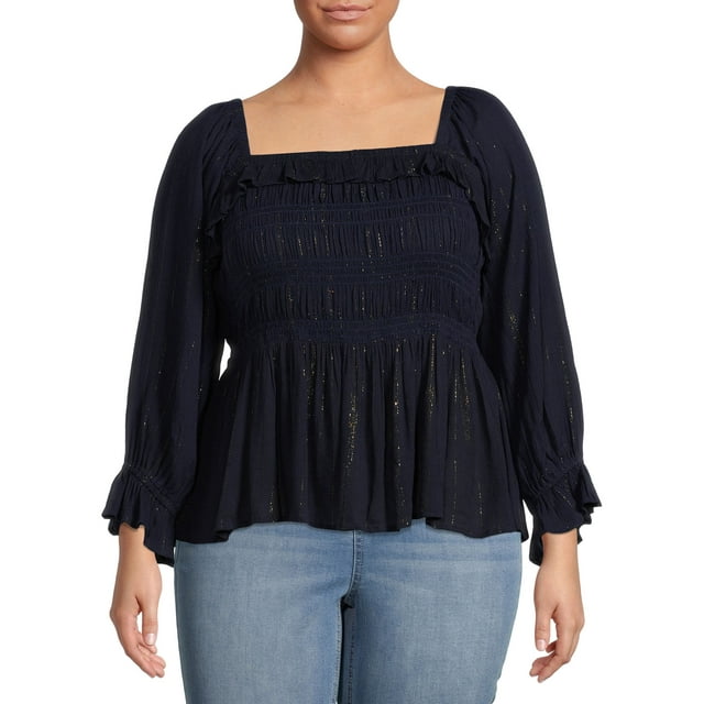 Romantic Gypsy Women's Plus Size Lurex Thread Square Neck Top