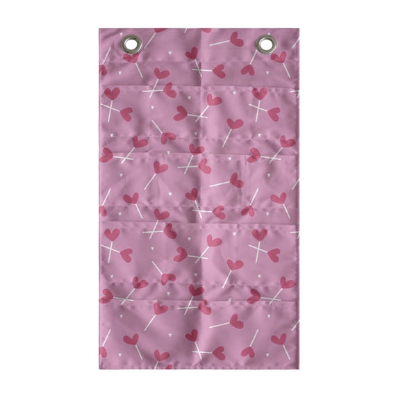 Romantic Hanging Pocket Organizer, Print of Heart Candies Celebrating Romance Girls Love Vintage Teenage Style, Printed Polyester Storage Bag with Pockets, 21" x 31", Pink and Magenta