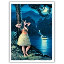 Romantic Hawaiian Hula Girl under a Full Moon - Vintage Pin Up Girl Print c.1930s - Master Art Print (Unframed) 9in x 12in