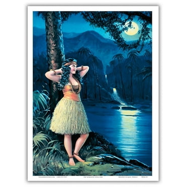 Romantic Hawaiian Hula Girl under a Full Moon - Vintage Pin Up Girl Print c.1930s - Master Art Print (Unframed) 9in x 12in