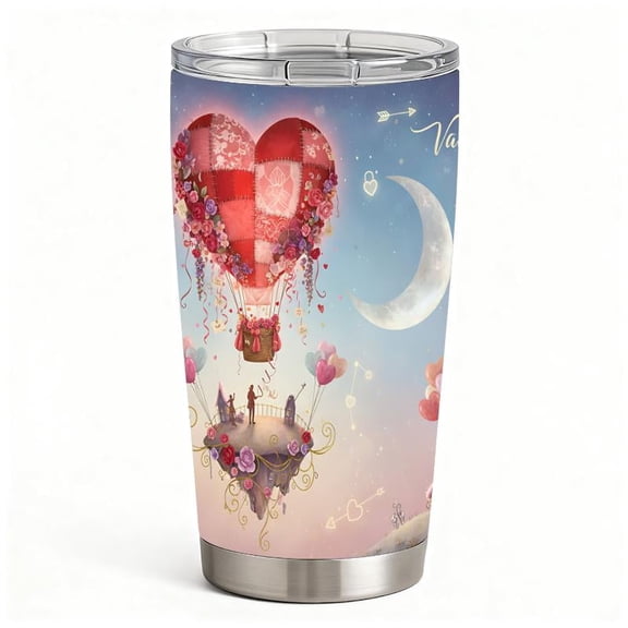Romantic Heart Balloon & Moon Night Art Stainless Steel Tumbler with Lid, Double-Wall Insulated Travel Mug, Valentine’s Day Gift for Her
