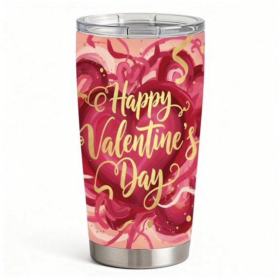 Romantic Heart Brushstroke Design Insulated Coffee Mug with Lid & Straw, Stainless Steel Travel Cup for Valentine’s Day Gifts
