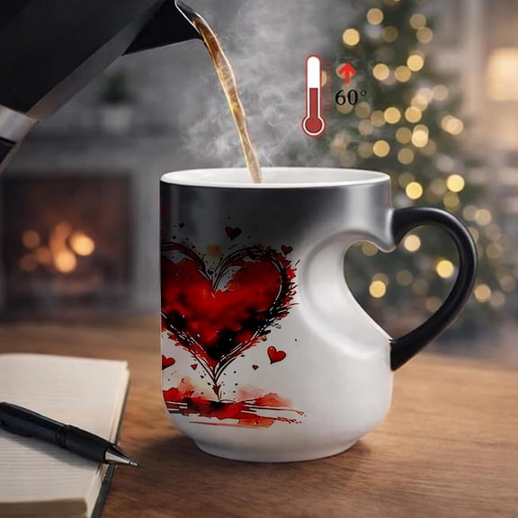 Romantic Heart Magic Mug Color Changing Coffee Cup That Reveals Hidden Design When Hot, Funny Black Ceramic Heat Reactive Ideal Romantic Present for Mothers Day, Valentines Day