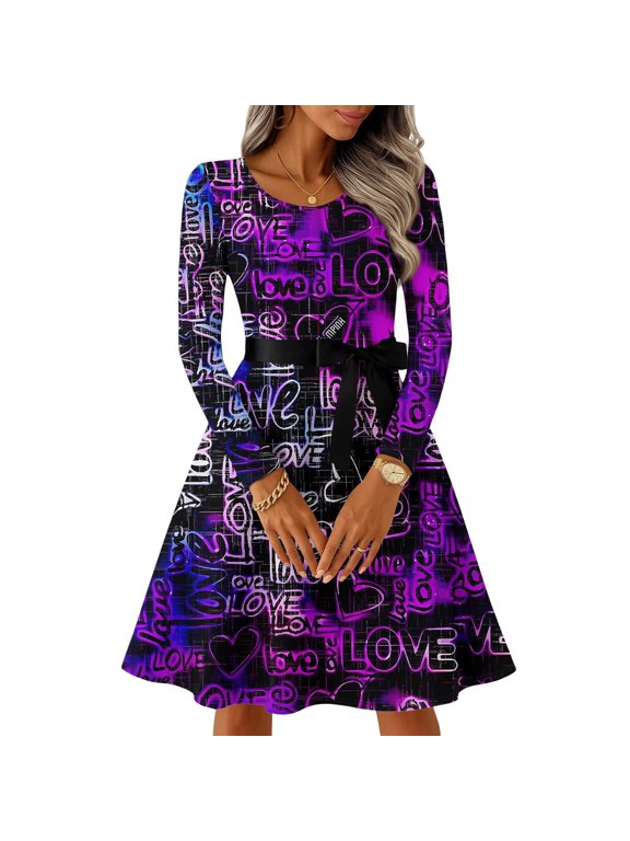 Romantic Heart Pattern Long Sleeve Dress for Women Belted Waist Fit And Flare Flowy Skirt Soft Fabric Ideal for Valentine s Day Dates Casual A Line, Sizes S-5XL