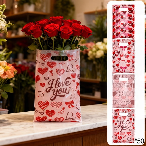 Romantic Heart Print Plastic Gift Bags with Ties for Birthday Party Wedding Favor Candy Treats Decorative Favor Bags for Valentine's Day Christmas Anniversary Celebration Supplies