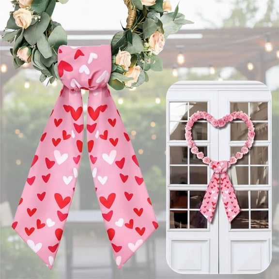 Romantic Heart Print Satin Wreath Sash for Front Door, Embroidered Monogram Bow Ribbon for Indoor Outdoor Wall Decor, Blank Sashes for Home Doorway Decor in Red and Pink