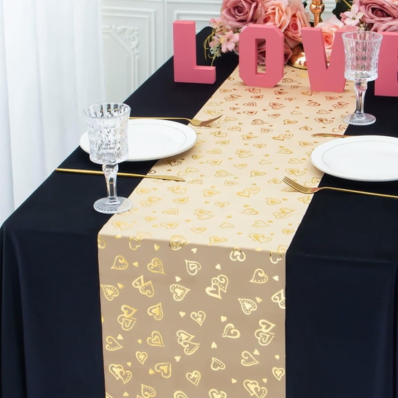 Romantic Heart Print Table Runner for Valentine's Day, Rectangular Dining Tablecloth with Gold Red White Design, Festive Decor for Anniversaries and Dinners, Dimensions: 108.26 x 11.02 Inches
