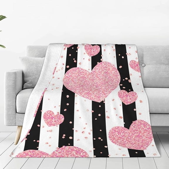 Romantic Heart Rose Gold Sequin Stripe Throw Blanket For Couch, Ultra Soft Micro Fleece Blanket Light Weight Anti Pilling Flannel Blanket 60" x 80"