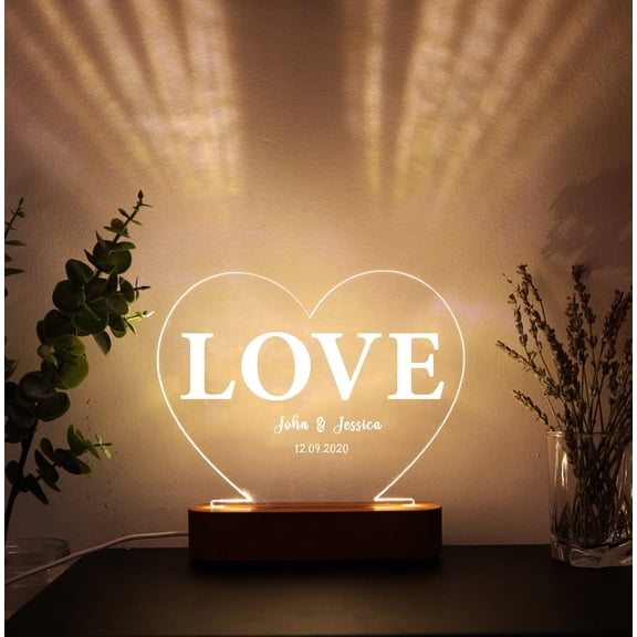 Romantic Heart Shape Custom Name Night Light Acrylic Table Lamp With Wood Base Anniversary Gift For Husband And Wife