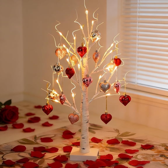 Romantic Heart-Shaped Birch Tree Lamp, 24 LED Pink & Red Lights and Hanging 15pcs Hearts, Light Up Twig Tabletop for Valentine's Day, Party or Birthday