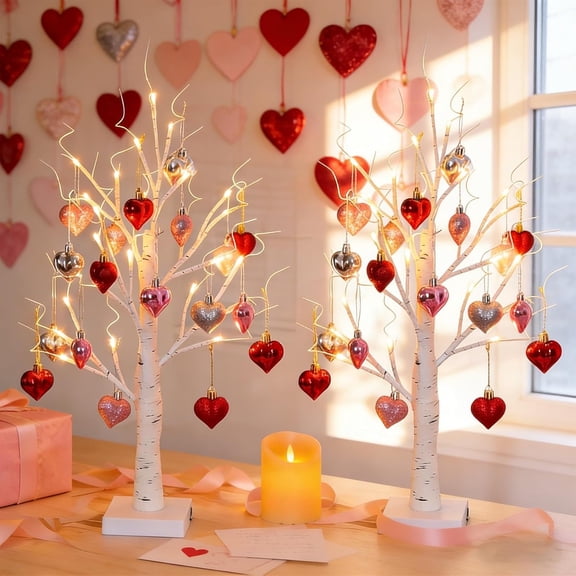Romantic Heart-Shaped Birch Tree Lamp, 25-Inch Lighted Tabletop Tree with Warm LED Lights & Hanging Hearts, Perfect for Valentine's Day, Holiday, or Year-Round Indoor Decor