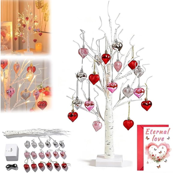 Romantic Heart-Shaped Birch Tree Lamp,Heart Shaped Birch Tree Lamp, 25 Inch Valentine Tree Ornaments with Heart Ornaments
