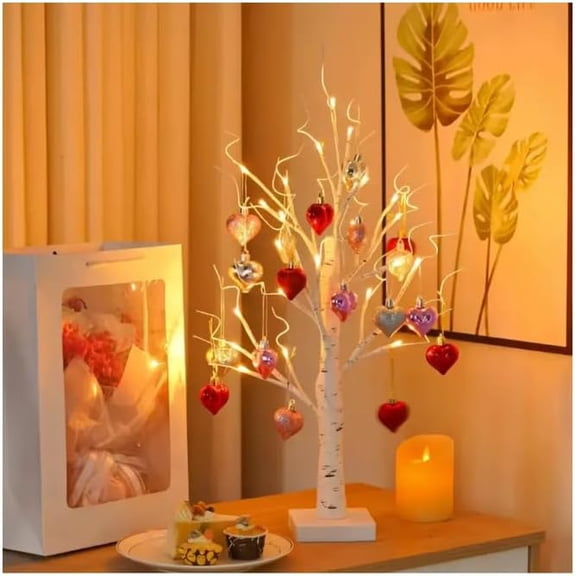 Romantic Heart-Shaped Birch Tree Lamp for Valentines Day Gifts - 24 Inch Lighted White Birch Tree with Heart Ornaments, Battery Powered LED Tabletop Bonsai Tree for Bedroom Desk