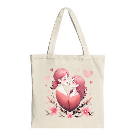 Romantic Heart-Shaped Illustration Tote Bag - Pink Hair Couple with Floral Accents Perfect for Shopping Travel & Parties