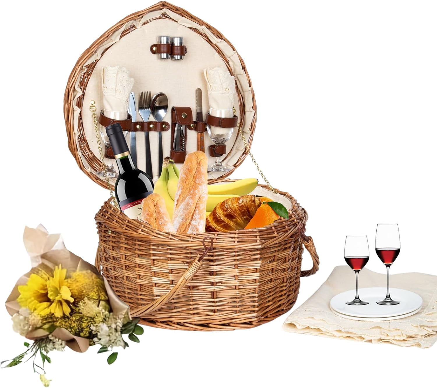 Romantic HeartShaped Picnic Basket Set for 2 Sturdy Woven Willow and