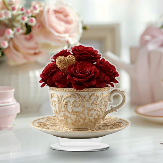 Romantic Heart Teacup Acrylic Decoration, Valentine's Day Gift for Her, Couples Collectible for Home and Office(C)