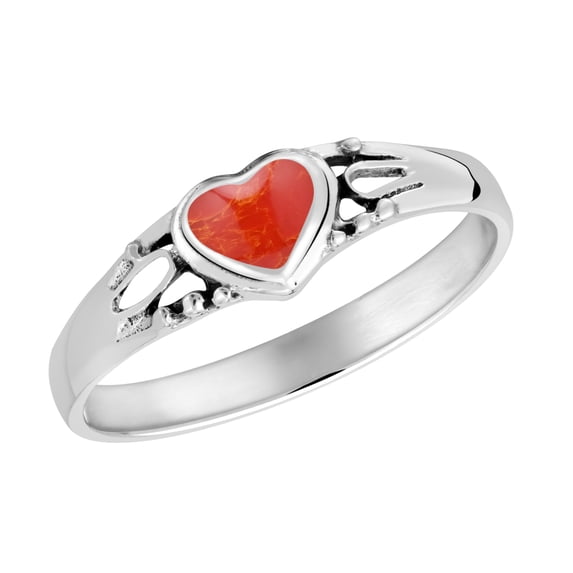 Romantic Heart-warming Love Red Coral Sterling Silver Band Ring for Female Anniversary Size-8