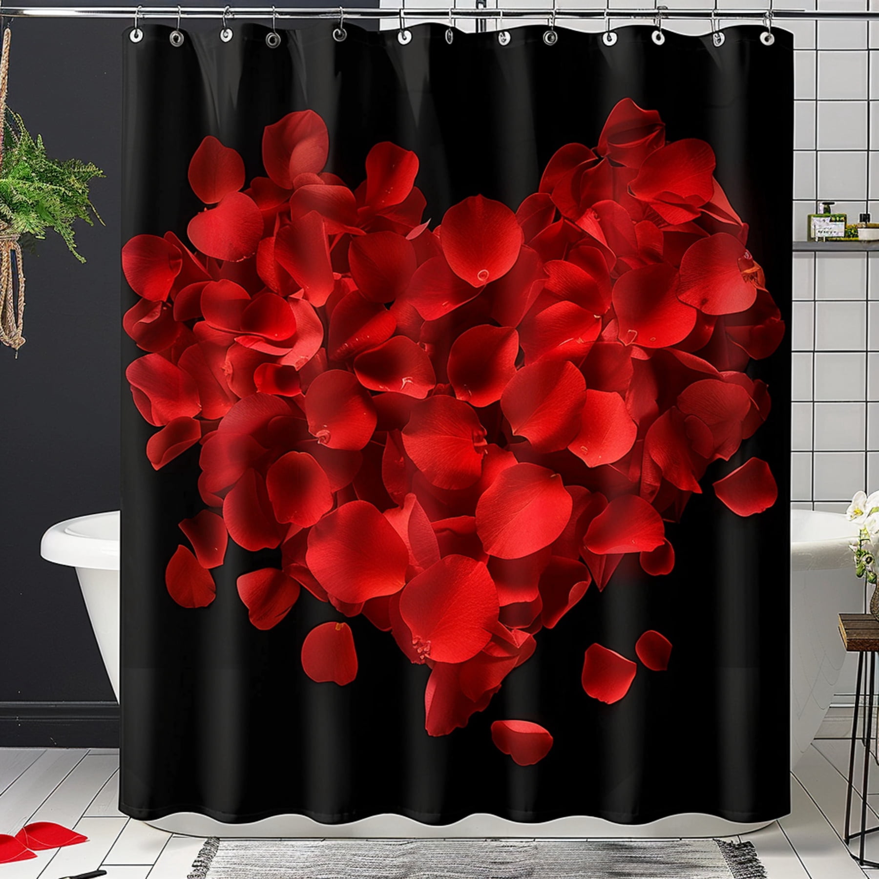 Romantic HeartShaped Red Flower Petals Shower Curtain Elevate your