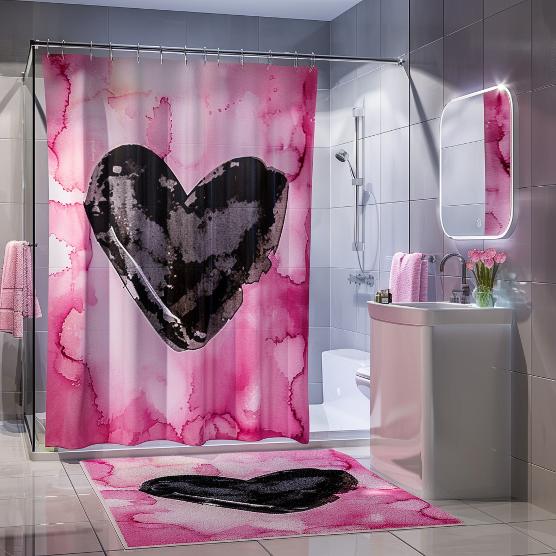 Romantic Heartbeat Pink & Black Valentine Shower Curtain Set Love Pattern Round Frame Mirror