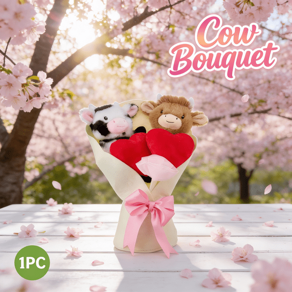 Romantic Highland Cow Bouquet, Super Soft White Cow with Floral Embellishments, Heartfelt Valentine's Day or Anniversary Surprise for Partner, High-Quality Licensed Plush