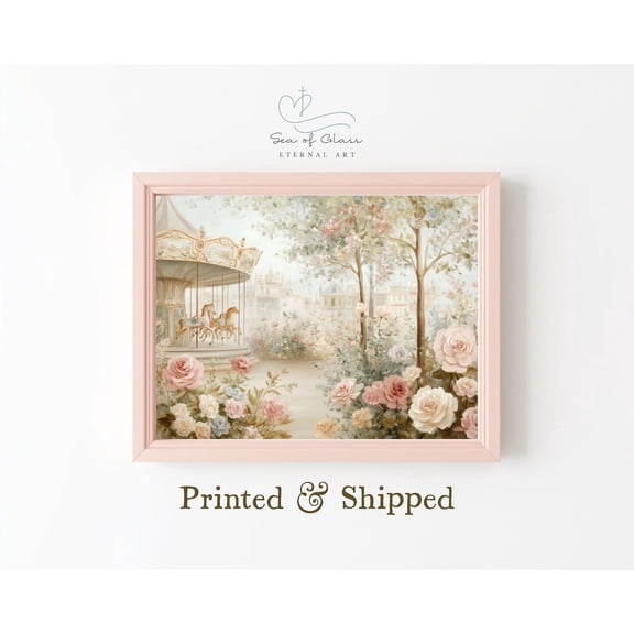 Romantic Horse Carousel Wall Art Poster Vintage Pastel Rose Garden Artwork, Whimsical Cottagecore Carnival Decor, Unframed Poster Size 8x12 F03.1.18l1262