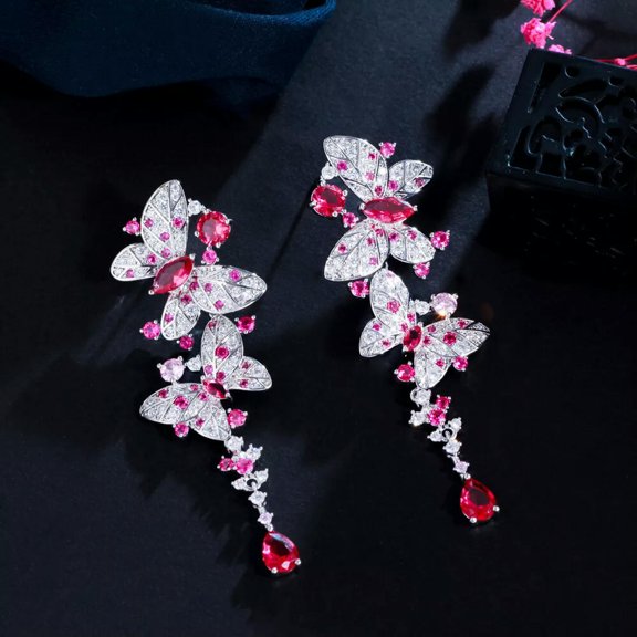 Romantic Hot Red Cubic Zircon Bridal Long Round Tennis Butterfly Dangle Earrings