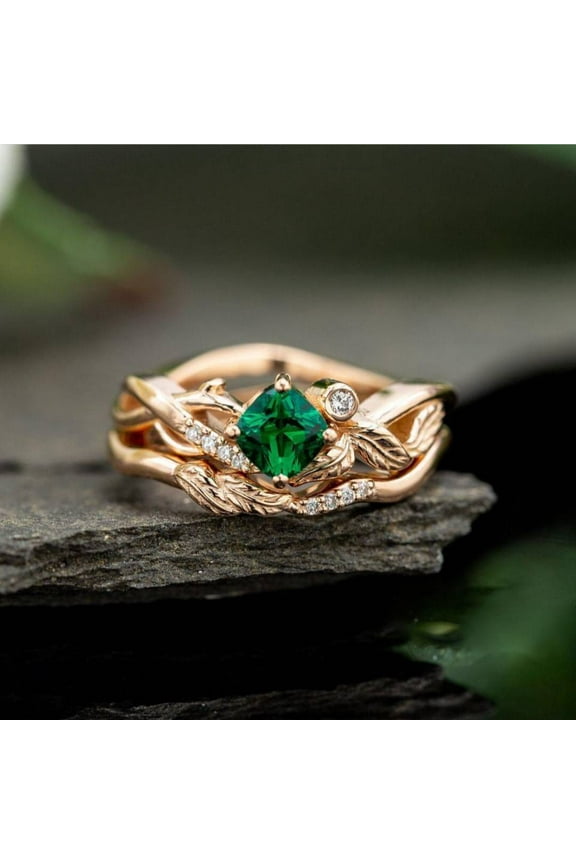 Romantic Irregular Plant Rings With Gepmetric Green Cubic Zircon Stone Fresh Leaves Band Design Engagement Rings