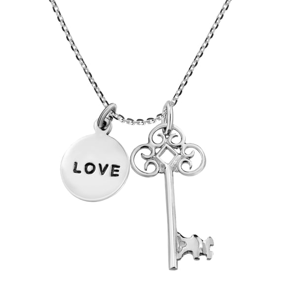 Romantic Key and 'LOVE' Dual Pendant .925 Sterling Silver Necklace