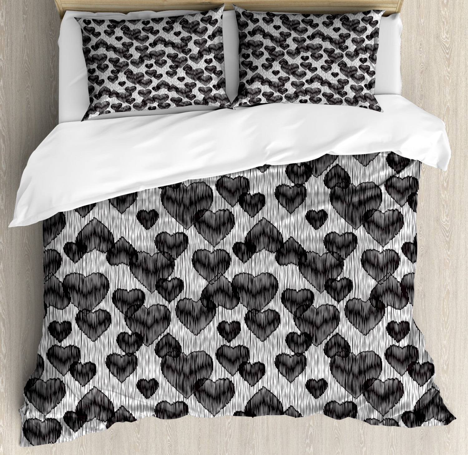 Romantic King Size Duvet Cover Set, Gothic Hearts Tattoo Style Valentine's Love Graffiti Grunge Illustration, Decorative 3 Piece Bedding Set with 2 Pillow Shams, Pale Grey Black, by Ambesonne