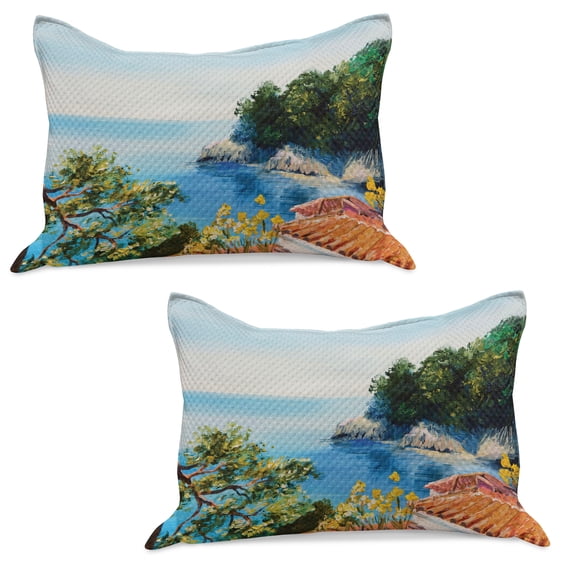 Romantic Knitted Quilt Pillowcover Set of 2, House with View Painting Style Print Italy Sea Mediterranean Look, Standard Queen Pillow Sham Bedroom, 30" x 20", Blue Green Orange, by Ambesonne