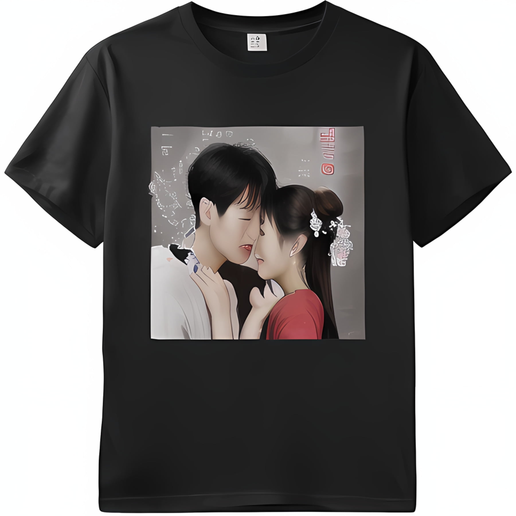 Romantic Korean Drama Kiss Anime T Shirt Style Illustration of Love Black T Shirt with Photorealistic Couple Kissing Walmart