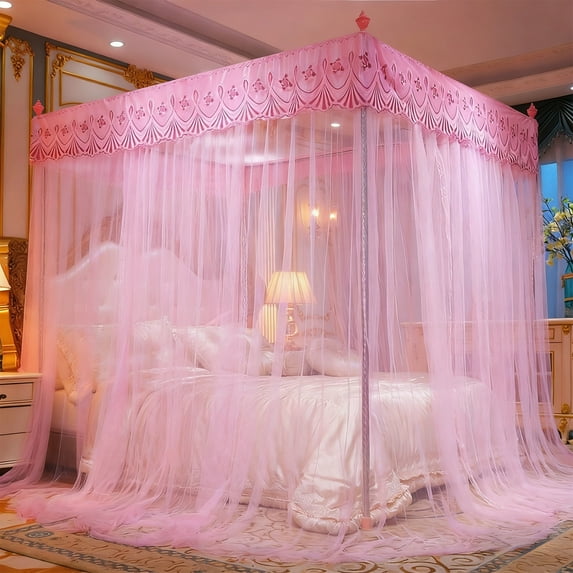 Romantic Lace Bed Canopy with Mesh Netting for Queen King Bed, Elegant Embroidery Ruffles Princess Canopy for Bedroom Decor, Dreamy Mosquito Net for Double Full Size Bed