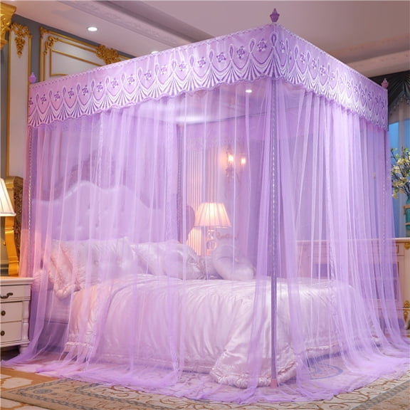 Romantic Lace Bed Canopy with Mesh Netting for Queen King Bed, Elegant Embroidery Ruffles Princess Canopy for Bedroom Decor, Dreamy Mosquito Net for Double Full Size Bed