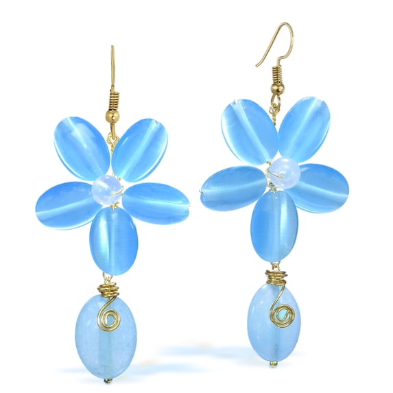 Romantic Light Blue Quartz Floral Teardrop Brass Earrings