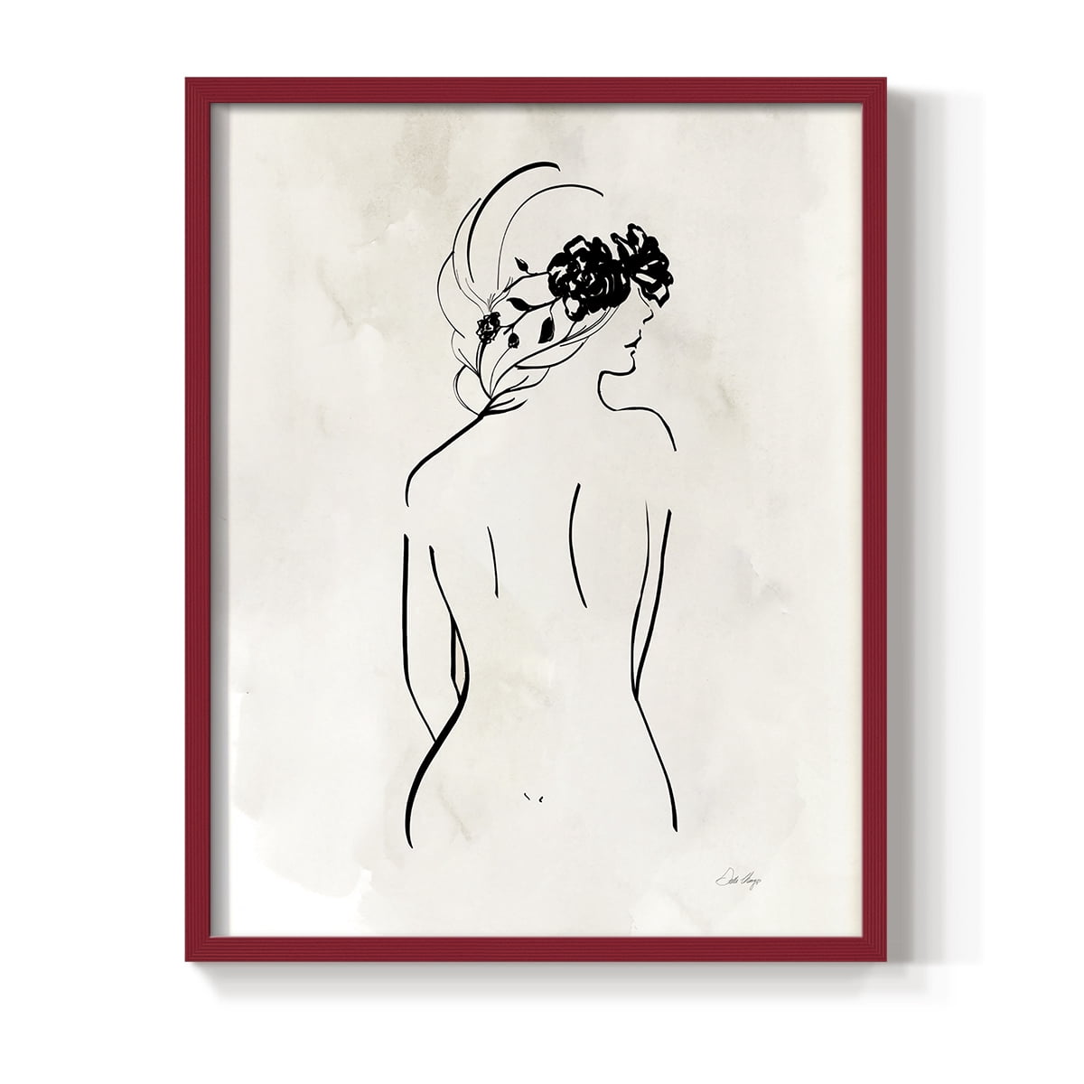 Romantic Line Art I in Red Solid Wood 11 x 14 Framed Print
