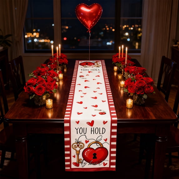 Romantic Linen Table Runner with Heart and Rose Pattern, Elegant Dining Decor for Valentine's Day and Special Occasion Celebration