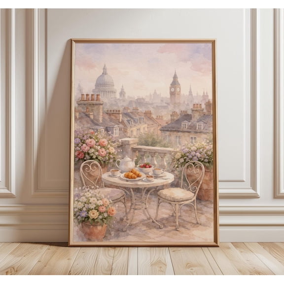 Romantic London Rooftop Wall Art Parisian Style Café Print Feminine Cityscape Decor Soft Watercolour Travel Ar, Unframed Paper Print