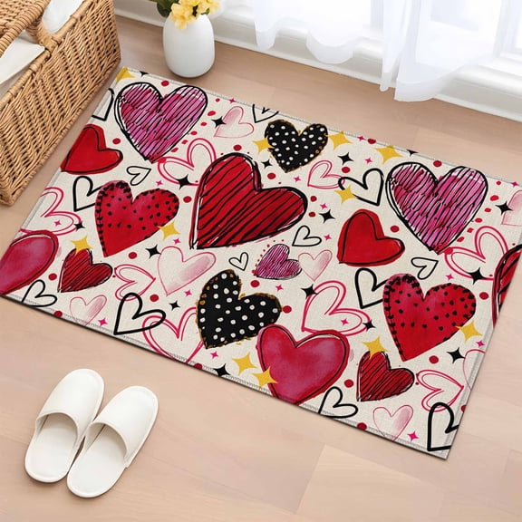 Romantic Love Entryway Rug 2'x3' Non Slip Front Door Mats, Valentine's Day Stars Heart Cartoons Beige Entrance Rugs Indoor Outdoor Carpet, Washable Floor Mats Small Area Rug for Bedroom Kitchen