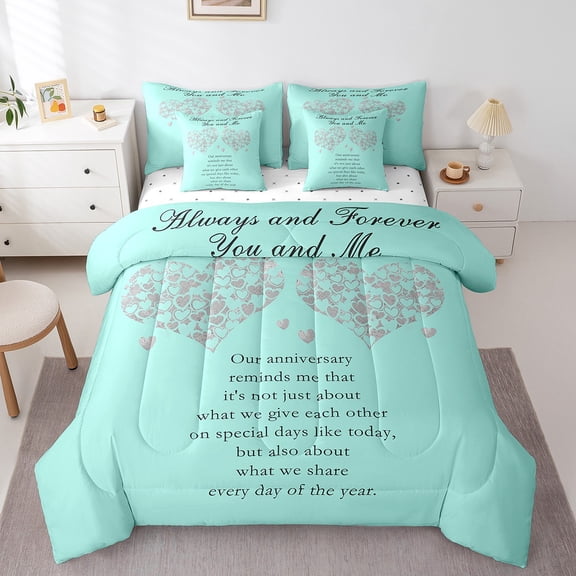 Romantic Love Heart Queen Size Comforter Set,Anniversary Gift 7 Pieces Queen Bedding Set with Comforter, Sheets, Pillowcases & Shams,Vintage Artistic Fonts All Season Bed in a Bag Queen