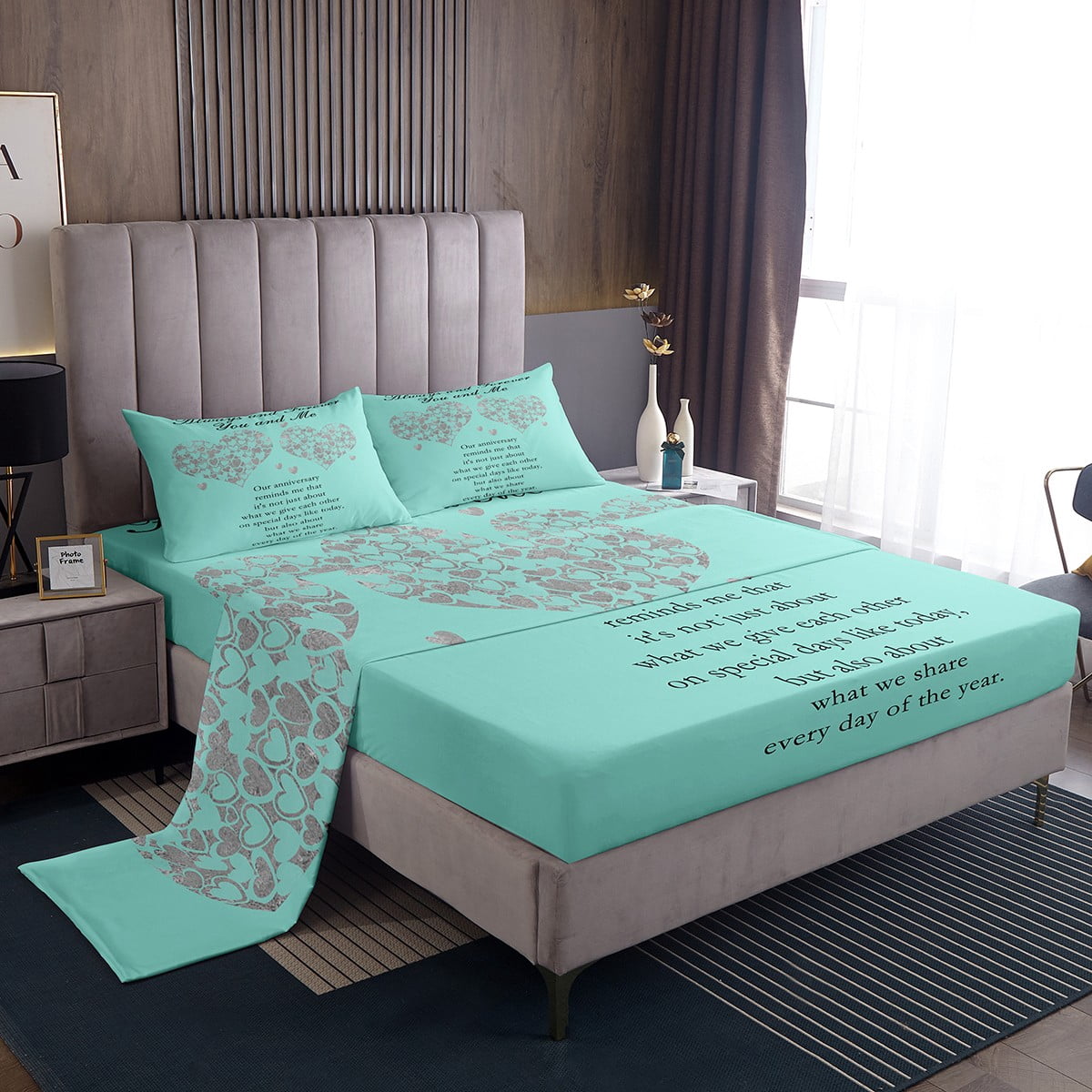 Romantic Love Heart Sheet Set,Anniversary Gift Bed Sheets Set Twin Size for Kids Teens Adults,Vintage Artistic Fonts Sheets,Couple Flat Fitted Sheet with 1 Pillowcase Deep Pockets
