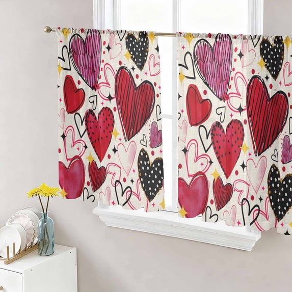 Romantic Love Sheer Curtains 45 Inch Length 2 Panels Set Window Treatments, Valentine's Day Stars Heart Cartoons Beige Rod Pocket Semi Curtains for Living Room/Bedroom/Kitchen Décor, 104"W x 45"L