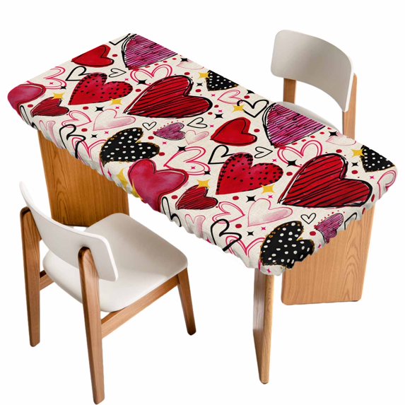 Romantic Love Table Cloths for 4 Foot Rectangle Tables, Valentine's Day Stars Heart Cartoons Beige Patio Waterproof Elastic Fitted Tablecloths, Washable Rectangular Table Cover for Camping