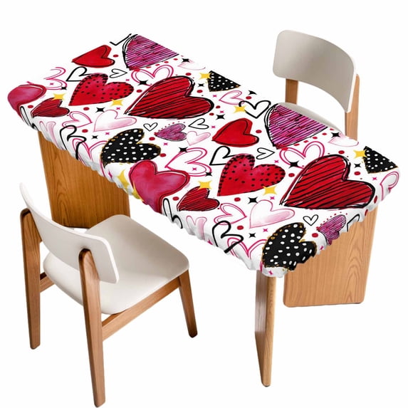 Romantic Love Table Cloths for 6 Foot Rectangle Tables, Valentine's Day Cartoon Stars Heart Pink Red Patio Waterproof Elastic Fitted Tablecloths, Washable Rectangular Table Cover for Camping
