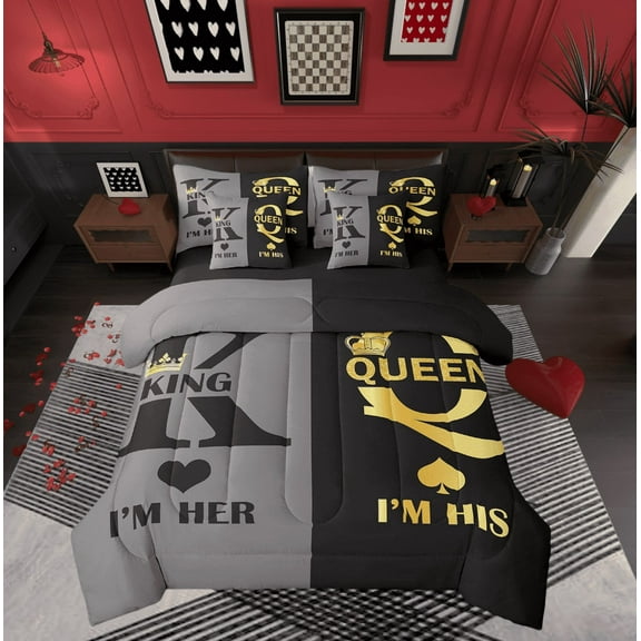 Romantic Love Theme 7 Piece Bed In A Bag King King And Queen Crown Bedding Set For Couple,Valentine'S Day Wedding Comforter Set Gifts For Her His,Mr Mrs Sheet Set With Comforter